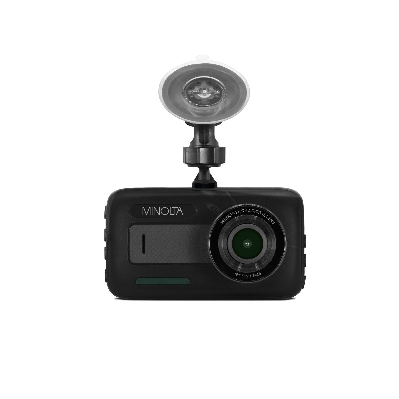 A black Minolta MNCD2K10 2.5K Quad HD dash camera with a 3 inch screen and a windshield mount.