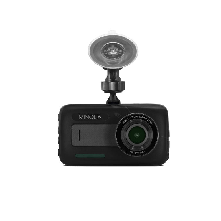 A black Minolta MNCD2K10 2.5K Quad HD dash camera with a 3 inch screen and a windshield mount.