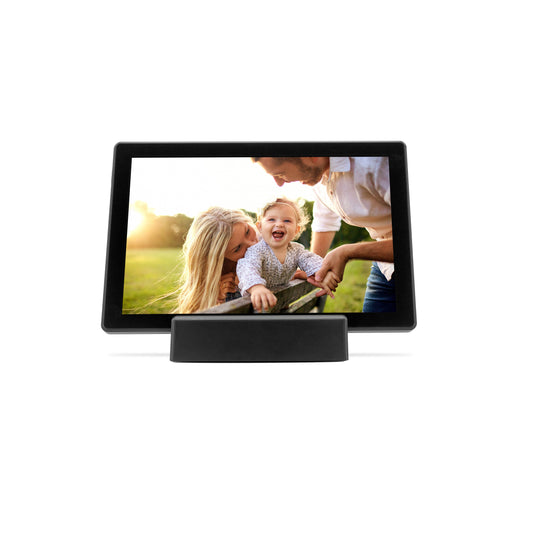 Digital photo frame displaying a family moment on a white background