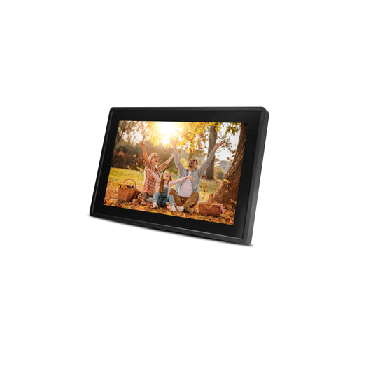 Digital photo frame displaying a family at a park on a white background