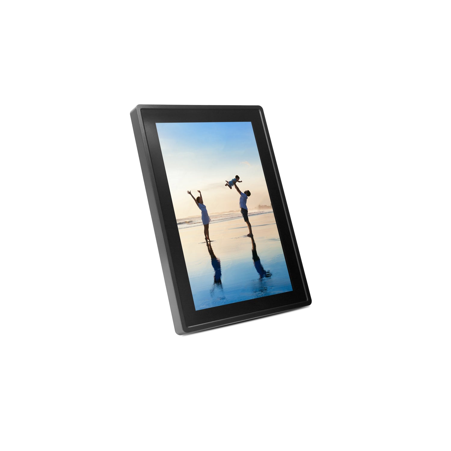 Digital photo frame displaying a beach scene with two people and a child.