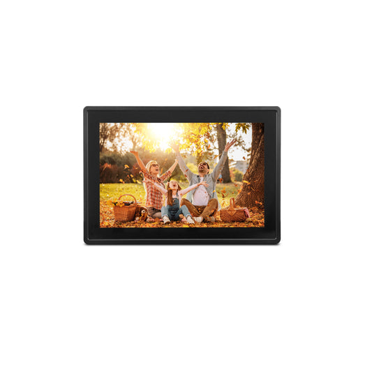 Digital photo frame displaying a family at a park on a white background