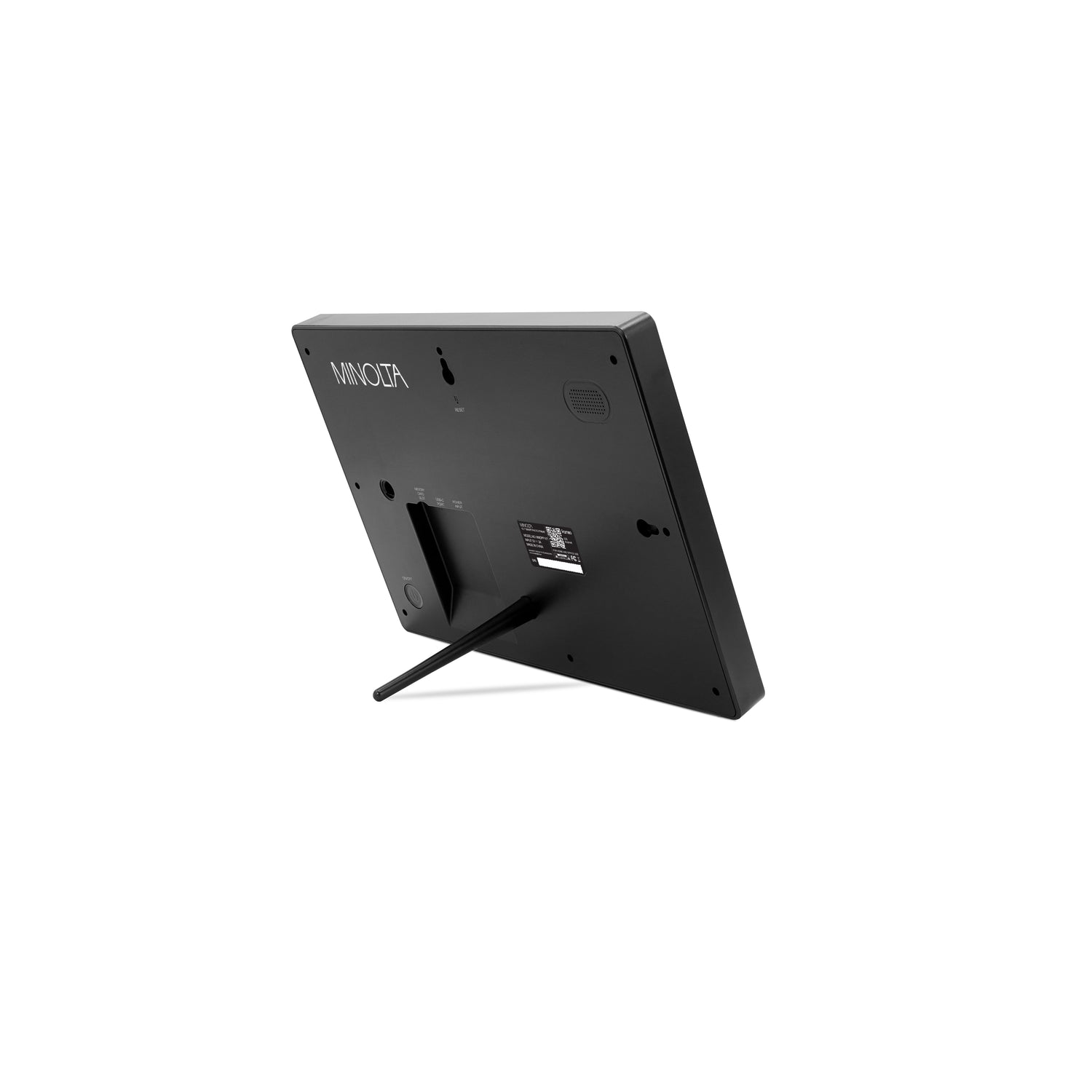 Back view of a black electronic device with 'Minitor' branding on a white background