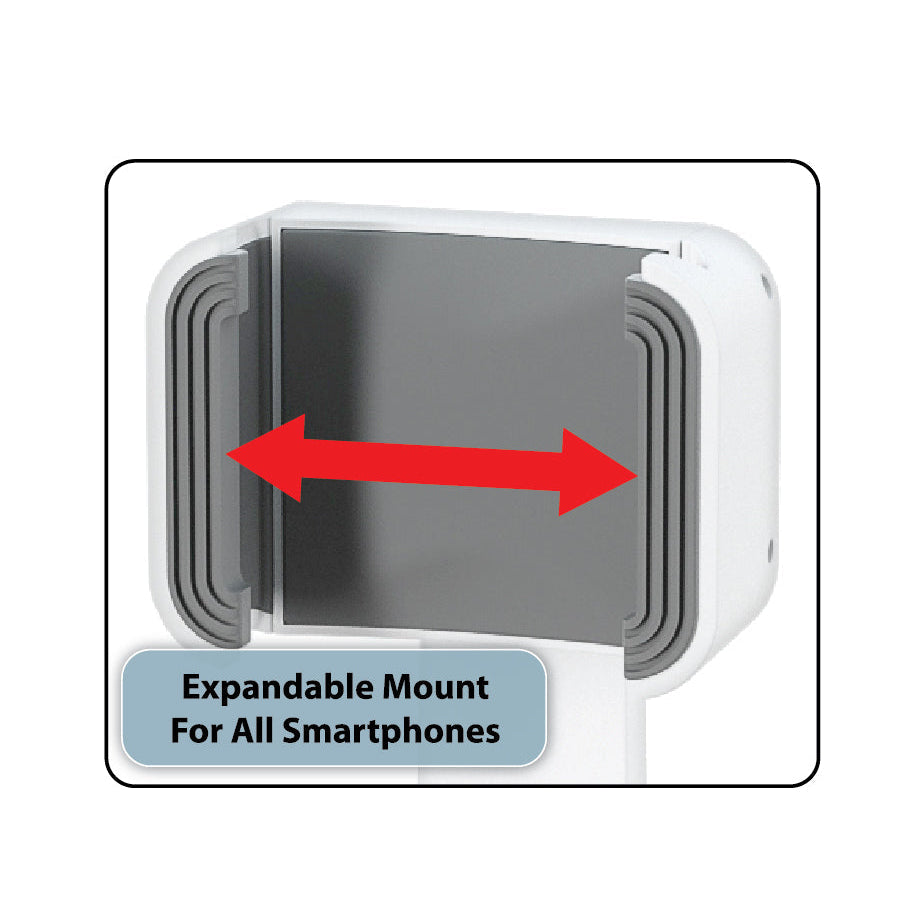 Expandable mount for smartphones with a red arrow indicating expansion.