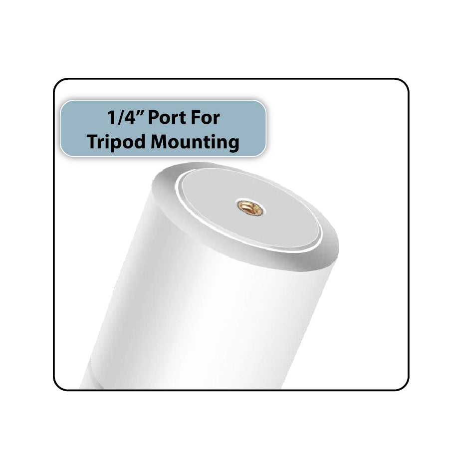 White cylindrical object with a 1/4 inch port for tripod mounting on a white background