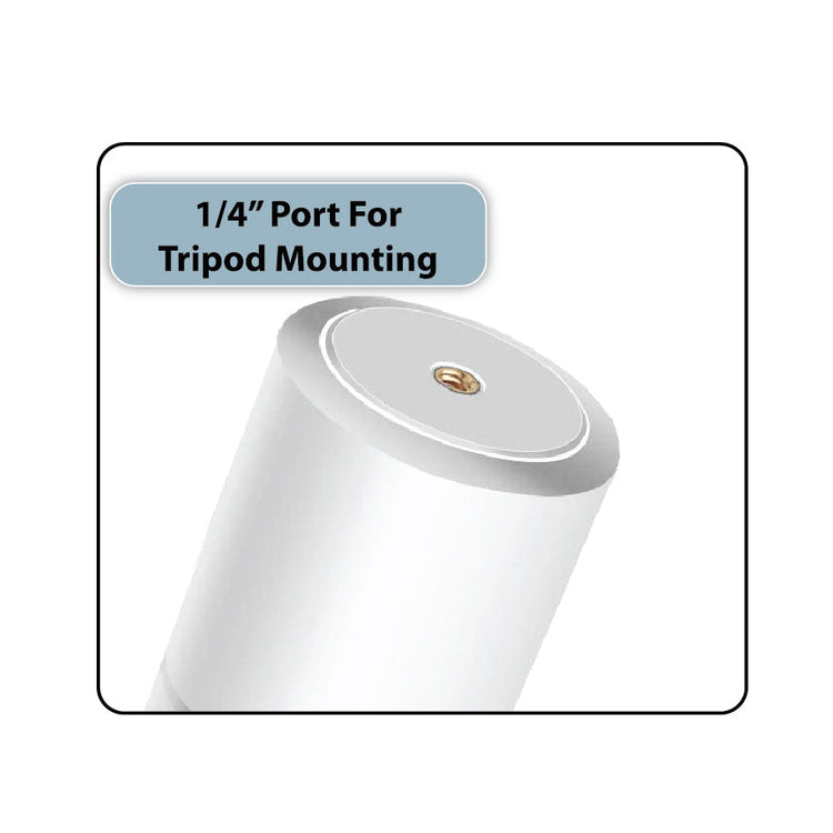 White cylindrical object with a 1/4 inch port for tripod mounting on a white background