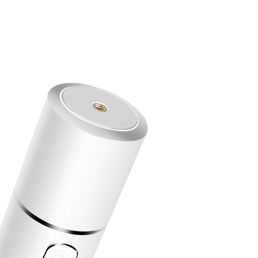 White cylindrical device with a metallic top on a white background
