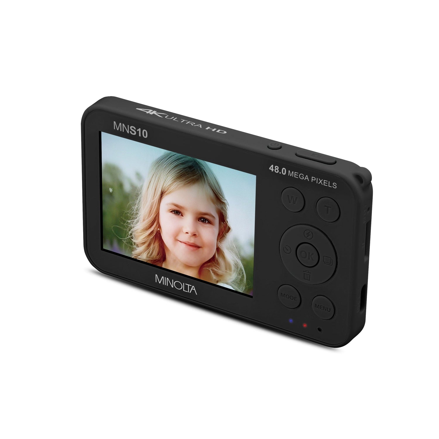 Digital photo frame with a display showing a young girl's face on a white background