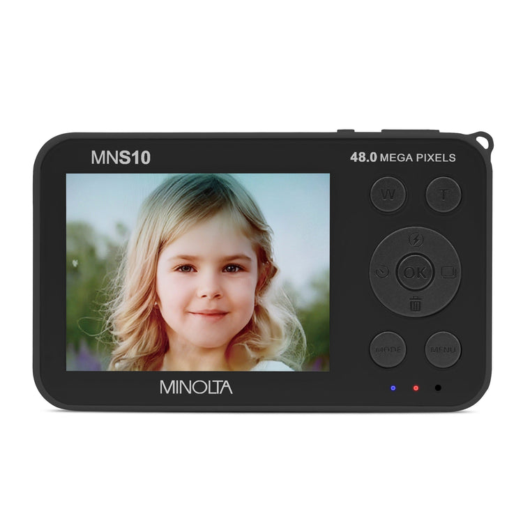 Digital camera with a screen displaying a person's face on a white background