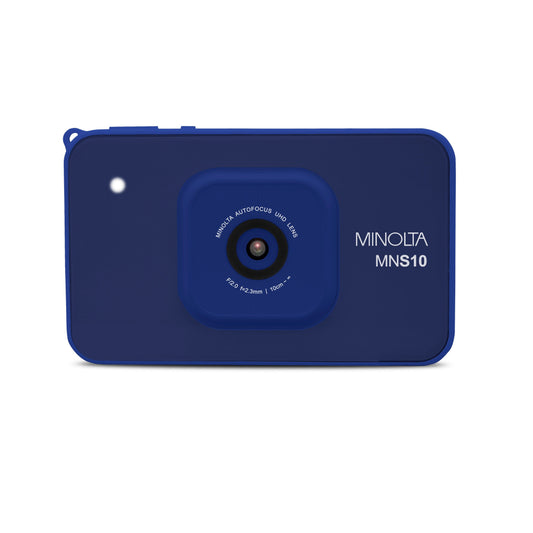 Blue Minolta MNS10 camera on a white background