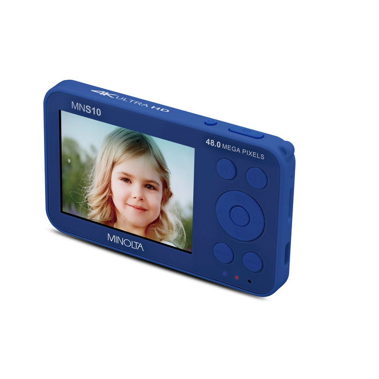Blue digital camera with a screen displaying a person's face on a white background