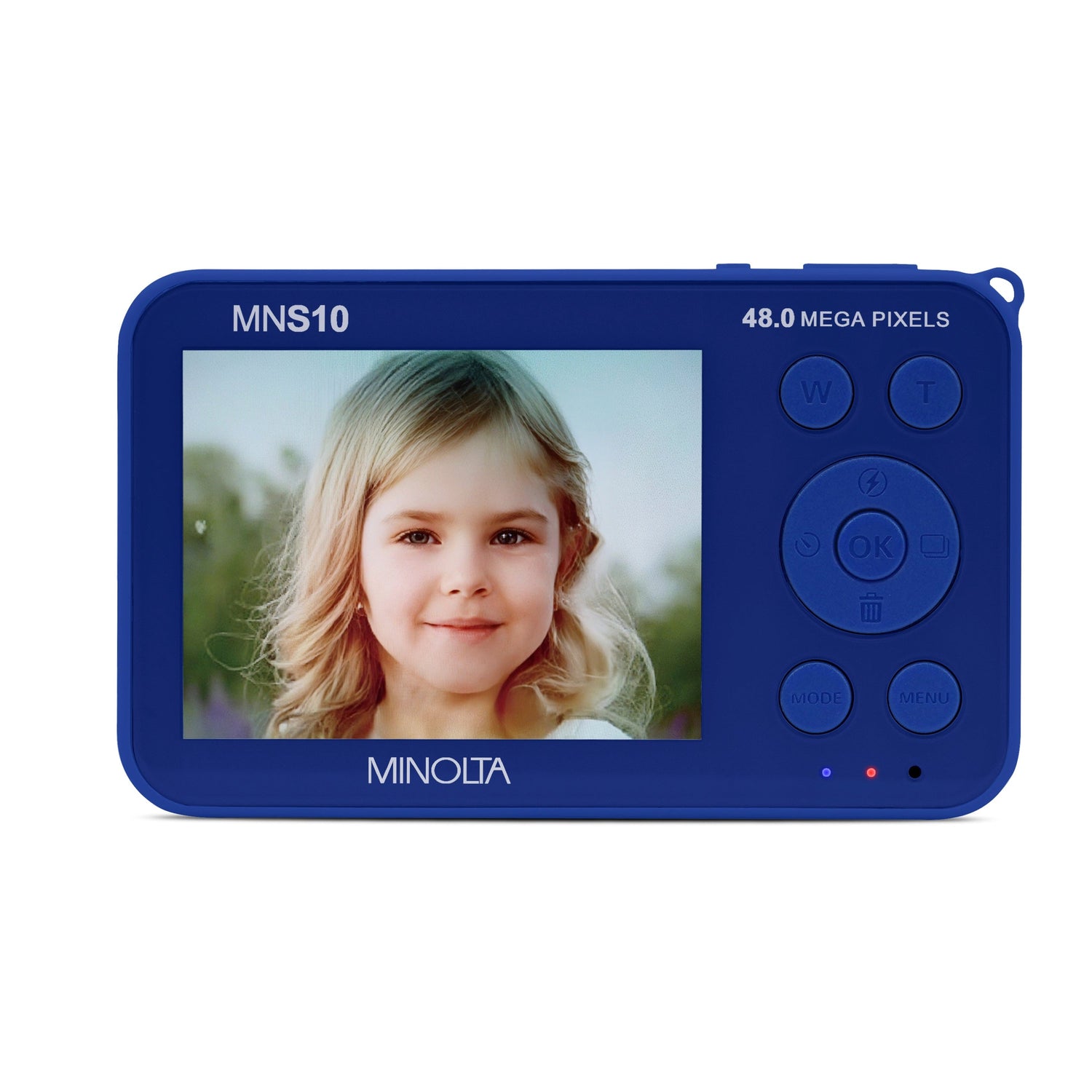 Blue Minolta digital camera with a screen displaying a young girl's face on a white background