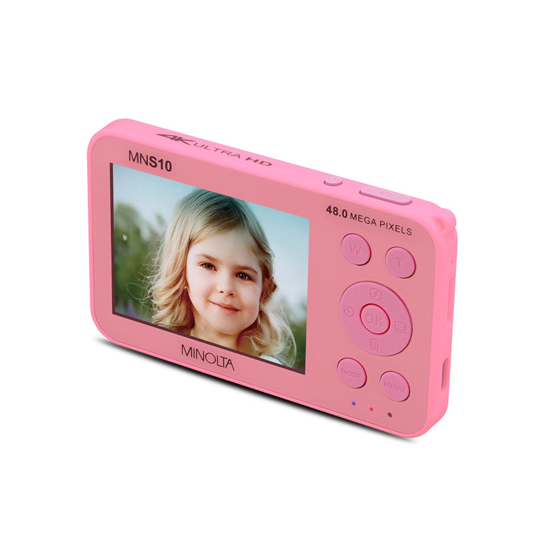 Pink digital camera with a screen displaying a young girl's face on a white background