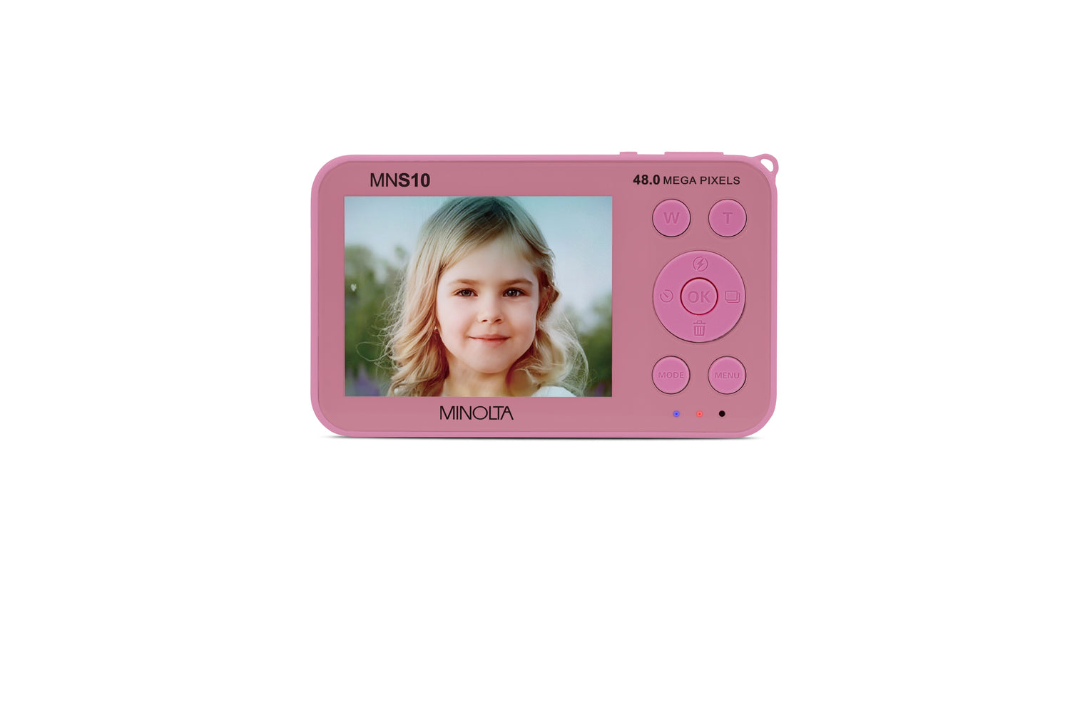 Pink digital camera with a screen displaying a young girl's face on a white background