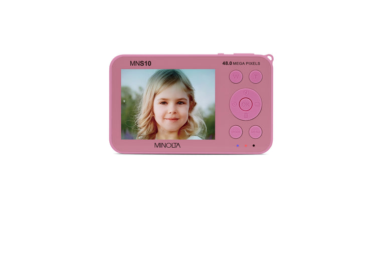 Pink digital camera with a screen displaying a young girl's face on a white background