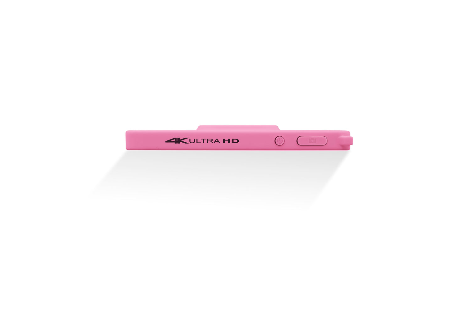 Pink electronic device with '4K Ultra HD' text on a white background