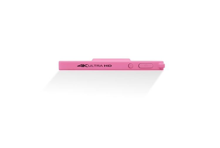 Pink electronic device with '4K Ultra HD' text on a white background