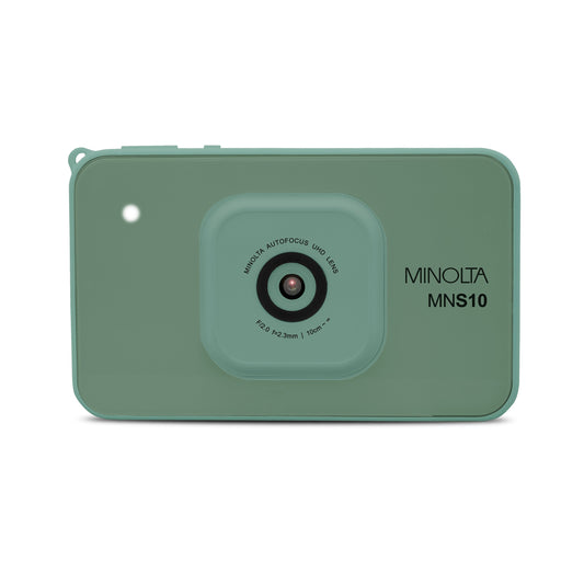 Green Minolta camera on a white background