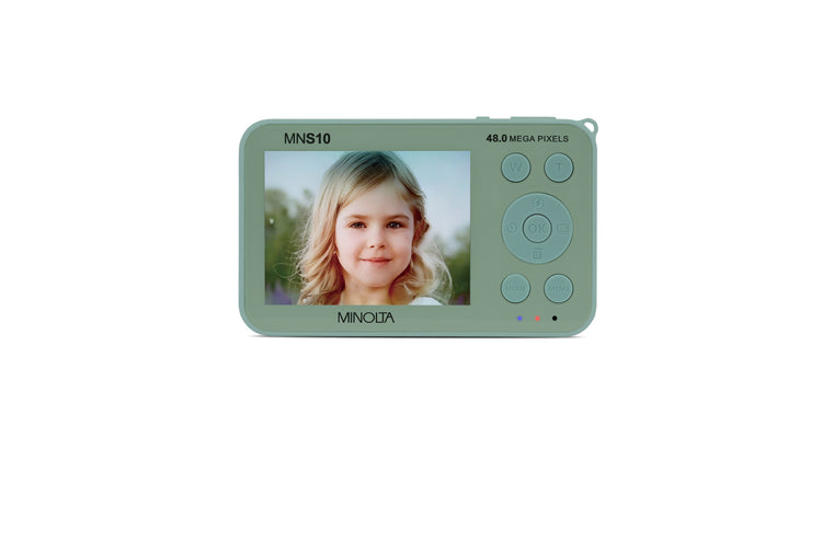 Digital camera with a screen displaying a young girl's face on a white background
