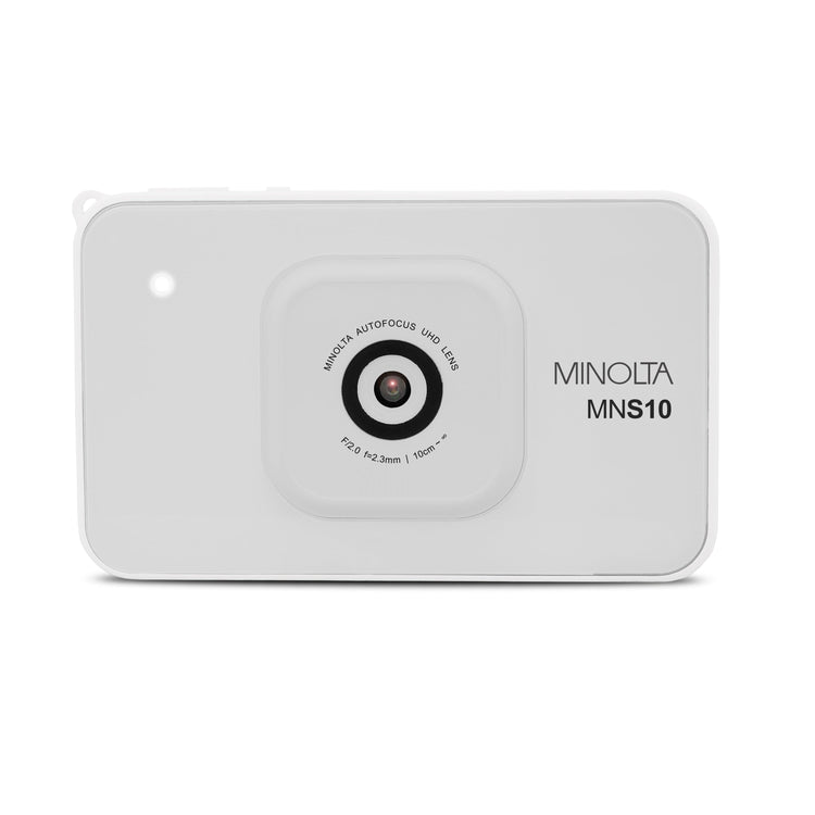 White electronic device with a target symbol and 'Minolta' branding on a white background