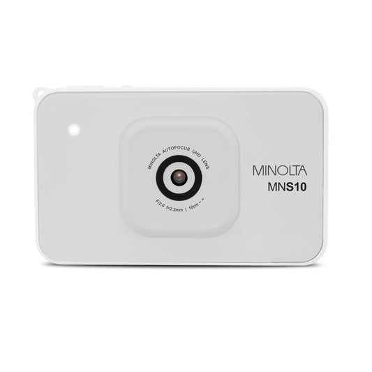 White electronic device with a target symbol and 'Minolta' branding on a white background