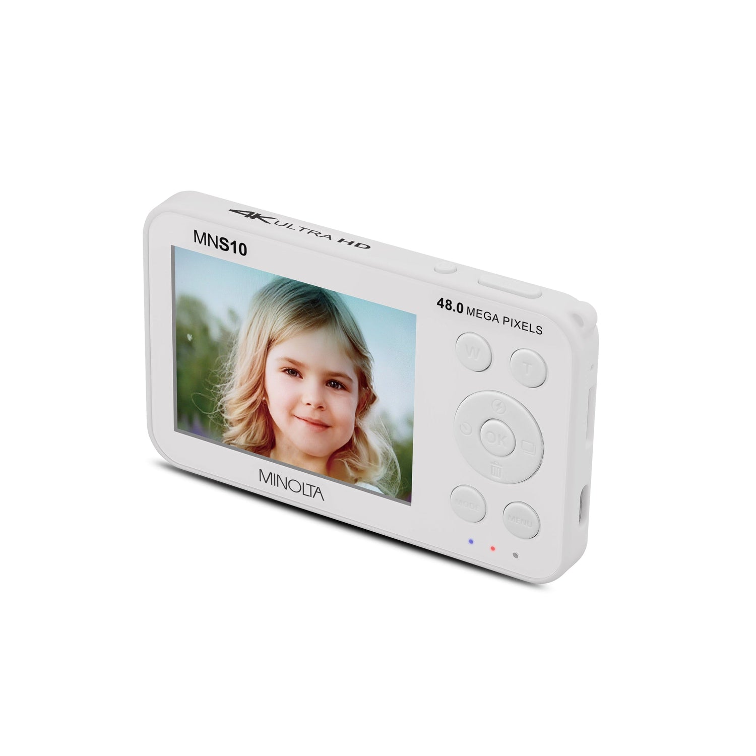 Digital photo frame with a displayed photo of a young girl on a white background