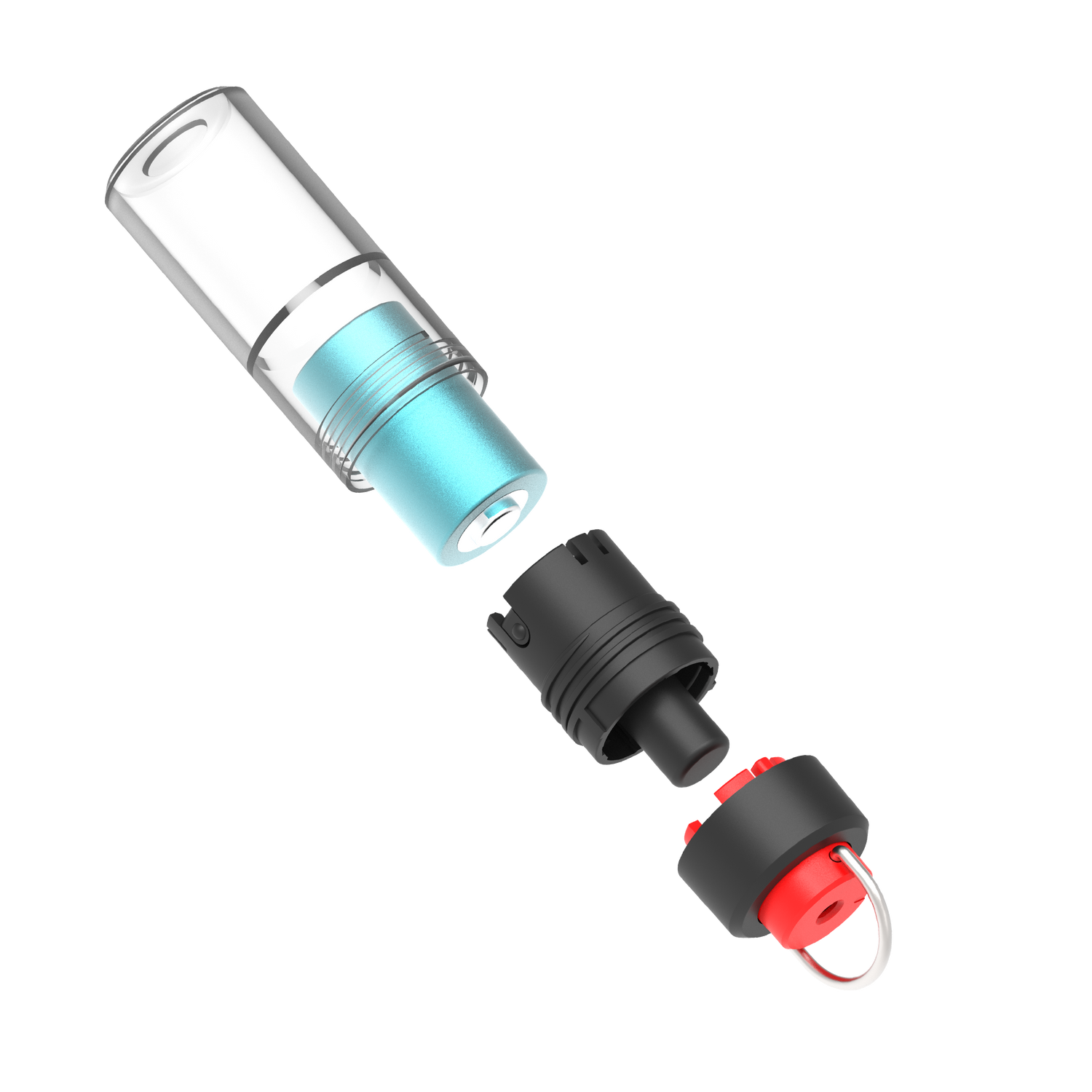 Clear cylindrical container with blue liquid, black and red cap on a white background
