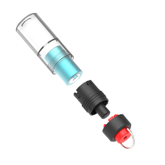 Gray water bottle with red cap and Swell logo on a white background