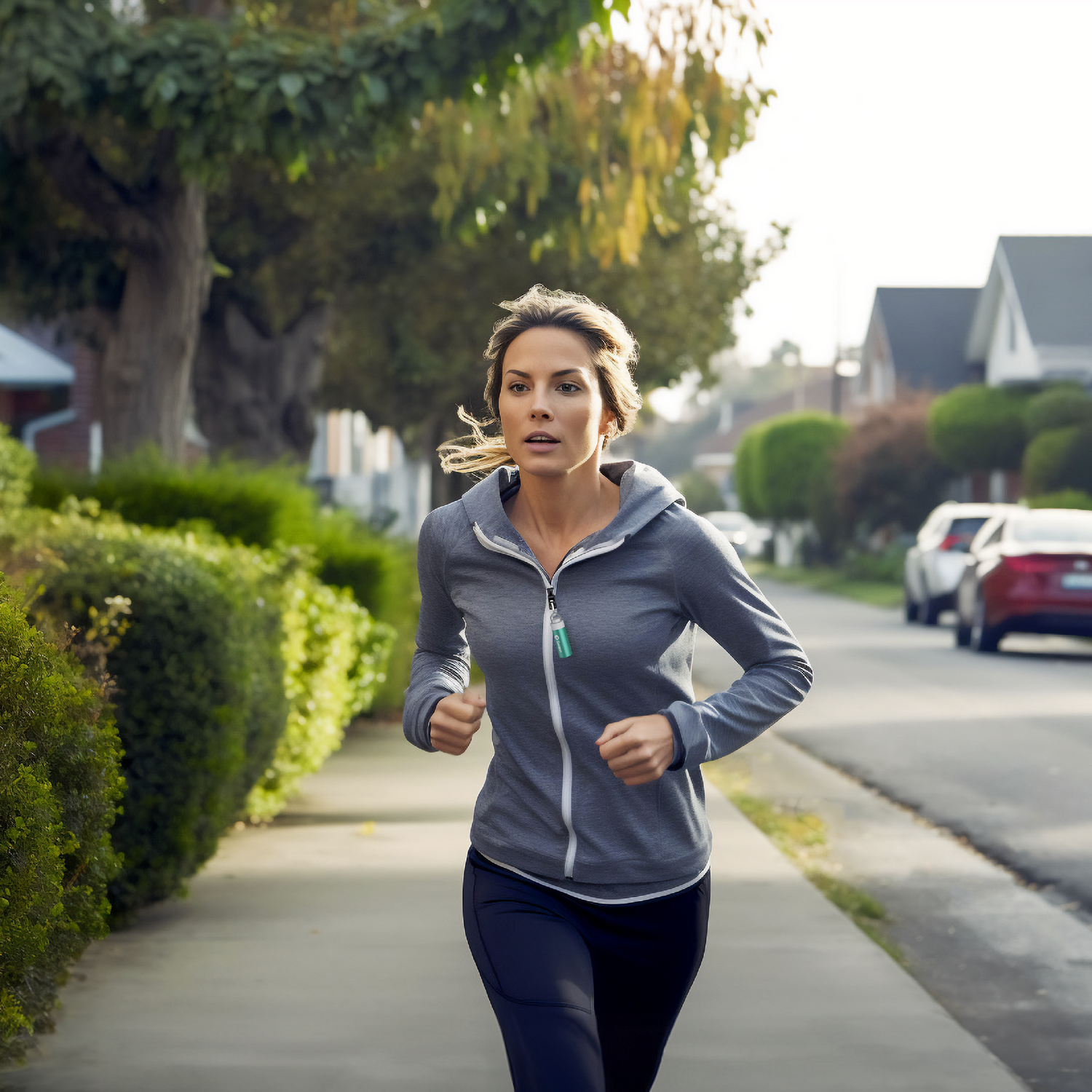 Woman running on a sidewalk in a suburban neighborhood