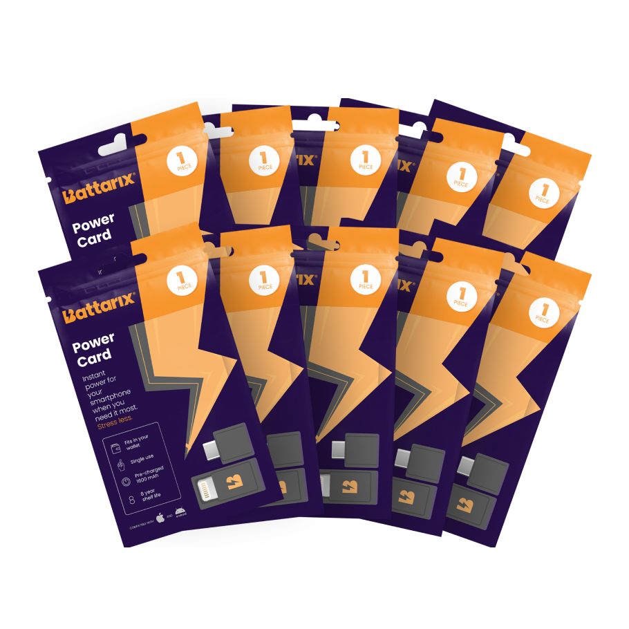 Multiple packages of Battarix Power Cards on a white background