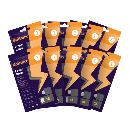 Multiple packages of Battarix Power Cards on a white background