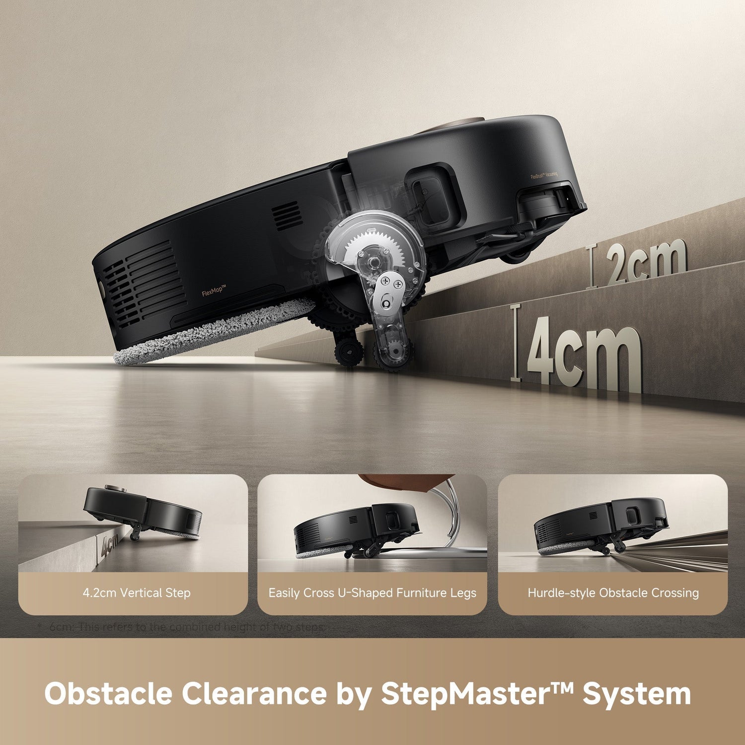 Robotic vacuum cleaner with StepMaster system on a beige background