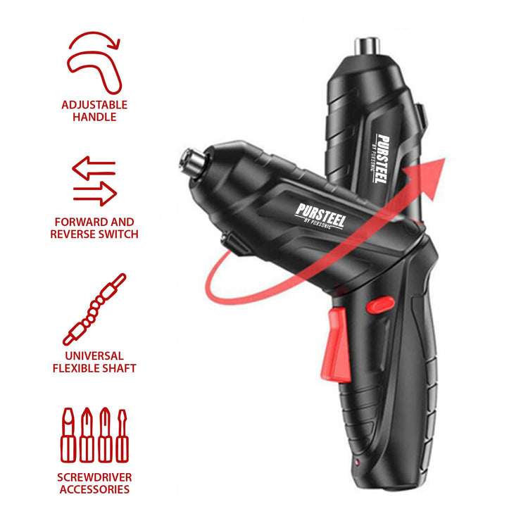 Black and red power tool with features highlighted on a white background