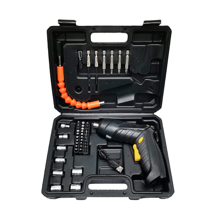 Black tool kit with drill and accessories on a white background