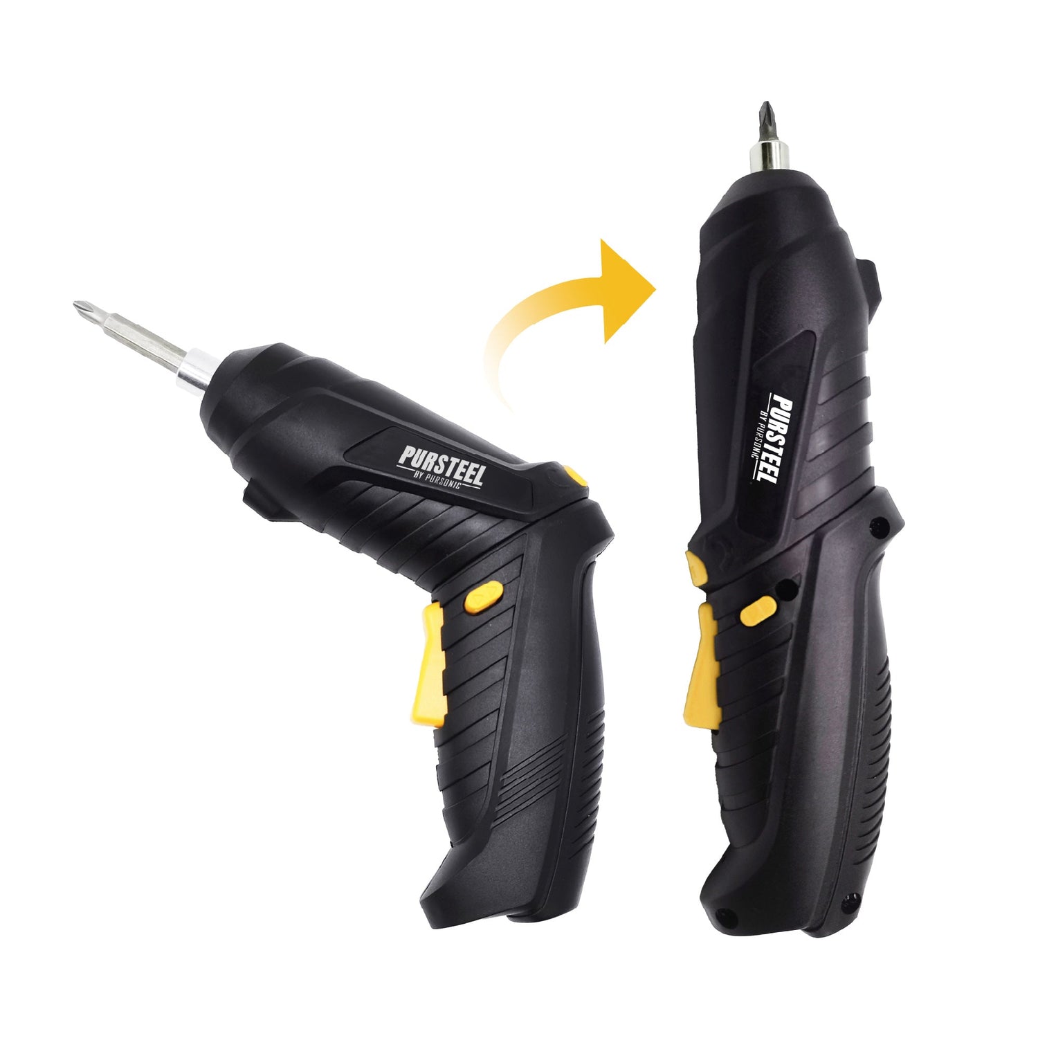 Two black screwdrivers with yellow accents on a white background, one showing the head and the other showing the handle.