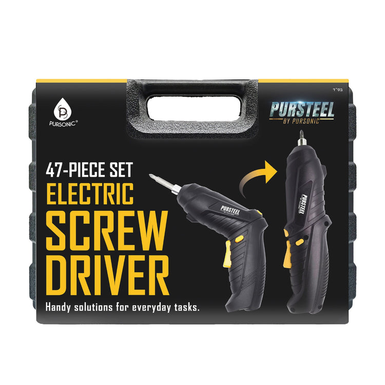 Pursteel electric screwdriver set packaging with tools on a white background