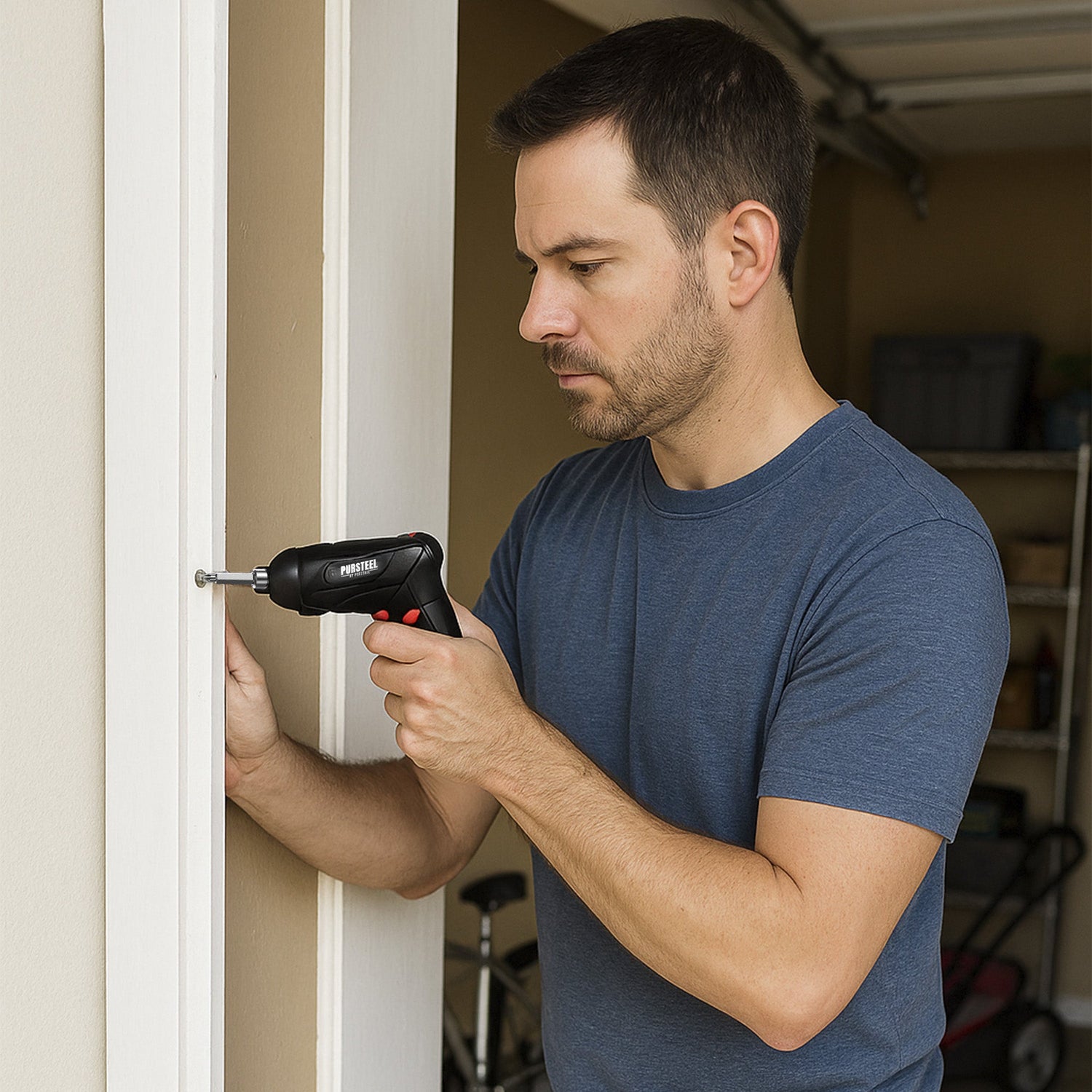 Man using a drill to install trim in a room.