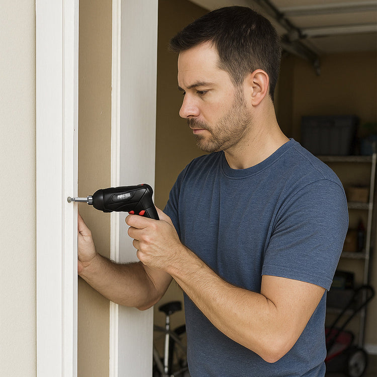 Man using a drill to install trim in a room.