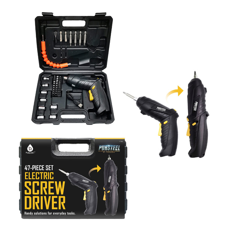 47-piece electric screwdriver set with tools and case on a white background