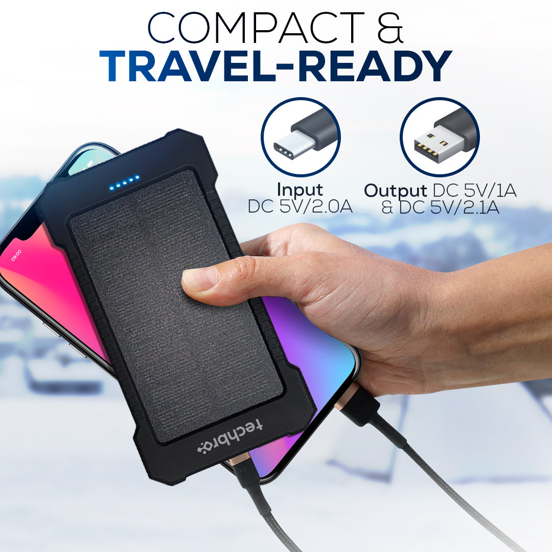 Hand holding a solar panel with charging cables, labeled 'Compact & Travel-Ready', on a blurred indoor background.