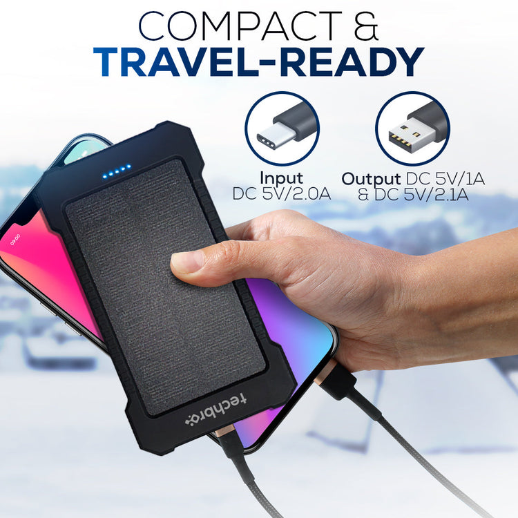 Hand holding a solar panel with charging cables, labeled 'Compact & Travel-Ready', on a blurred indoor background.