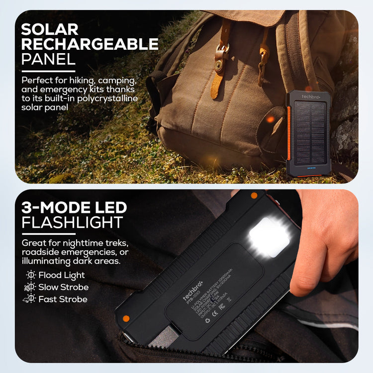 Solar rechargeable panel with 3-mode LED flashlight attached to a backpack, suitable for outdoor activities.
