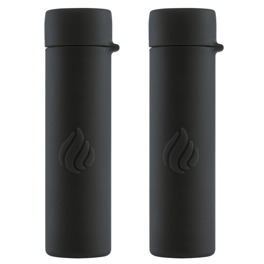 Two black thermos bottles with a logo on a white background