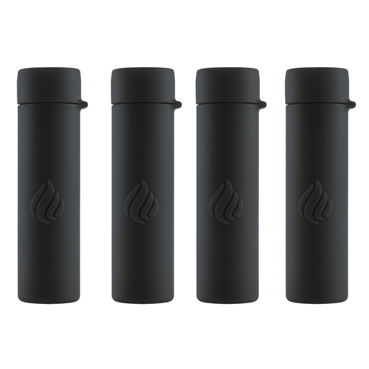 Four black travel mugs with a logo on a white background