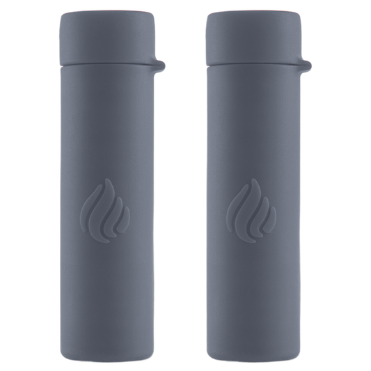 Two gray travel mugs with a logo on a white background