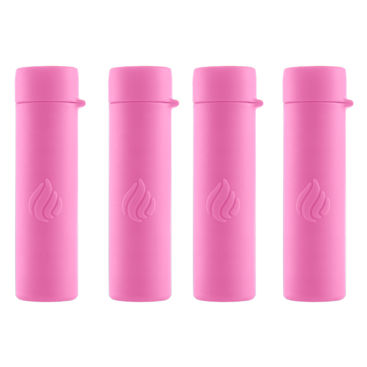 Four pink cylindrical products with a logo on a white background