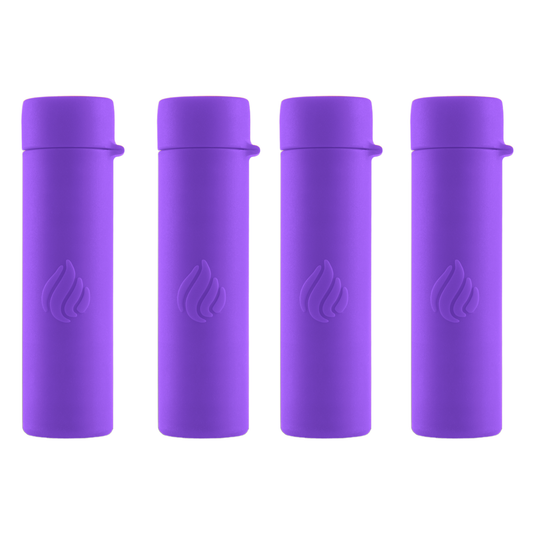 Four purple cylindrical products with a logo on a white background