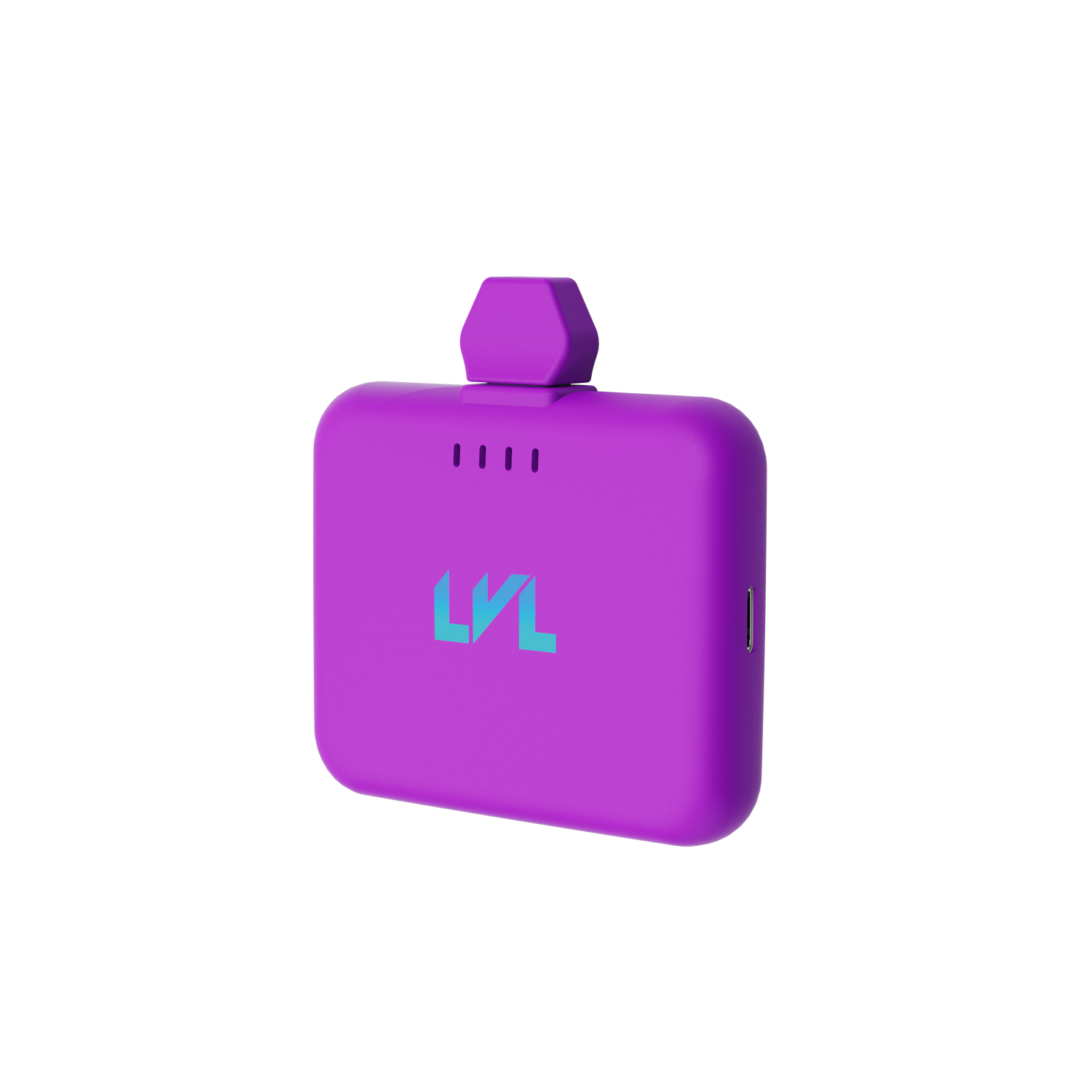 Purple handheld device with a logo on a white background