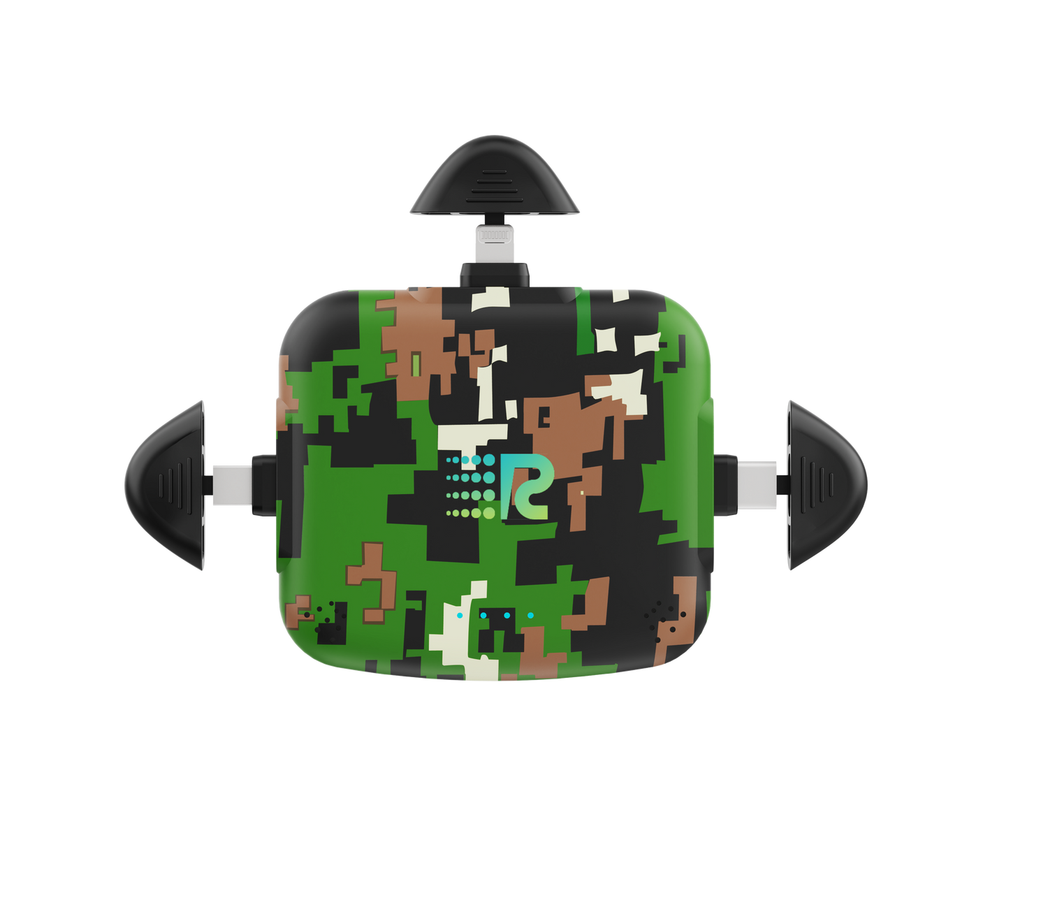 Camouflage-patterned device with a logo on a white background