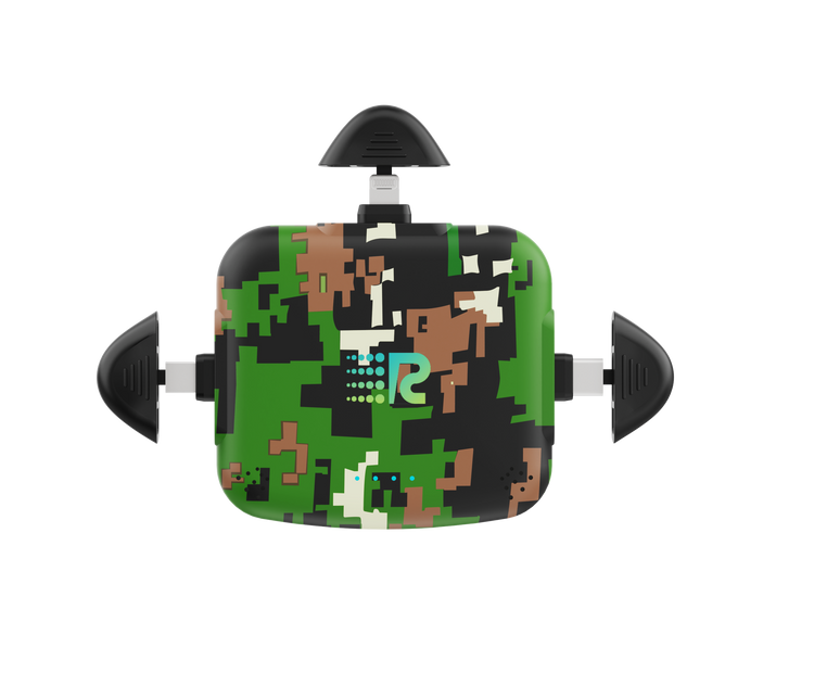 Camouflage-patterned device with a logo on a white background